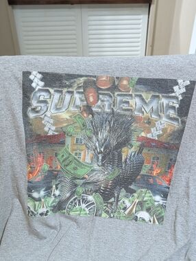 Supreme Gray Tee with Multicolor Fiery Eagle Graphic